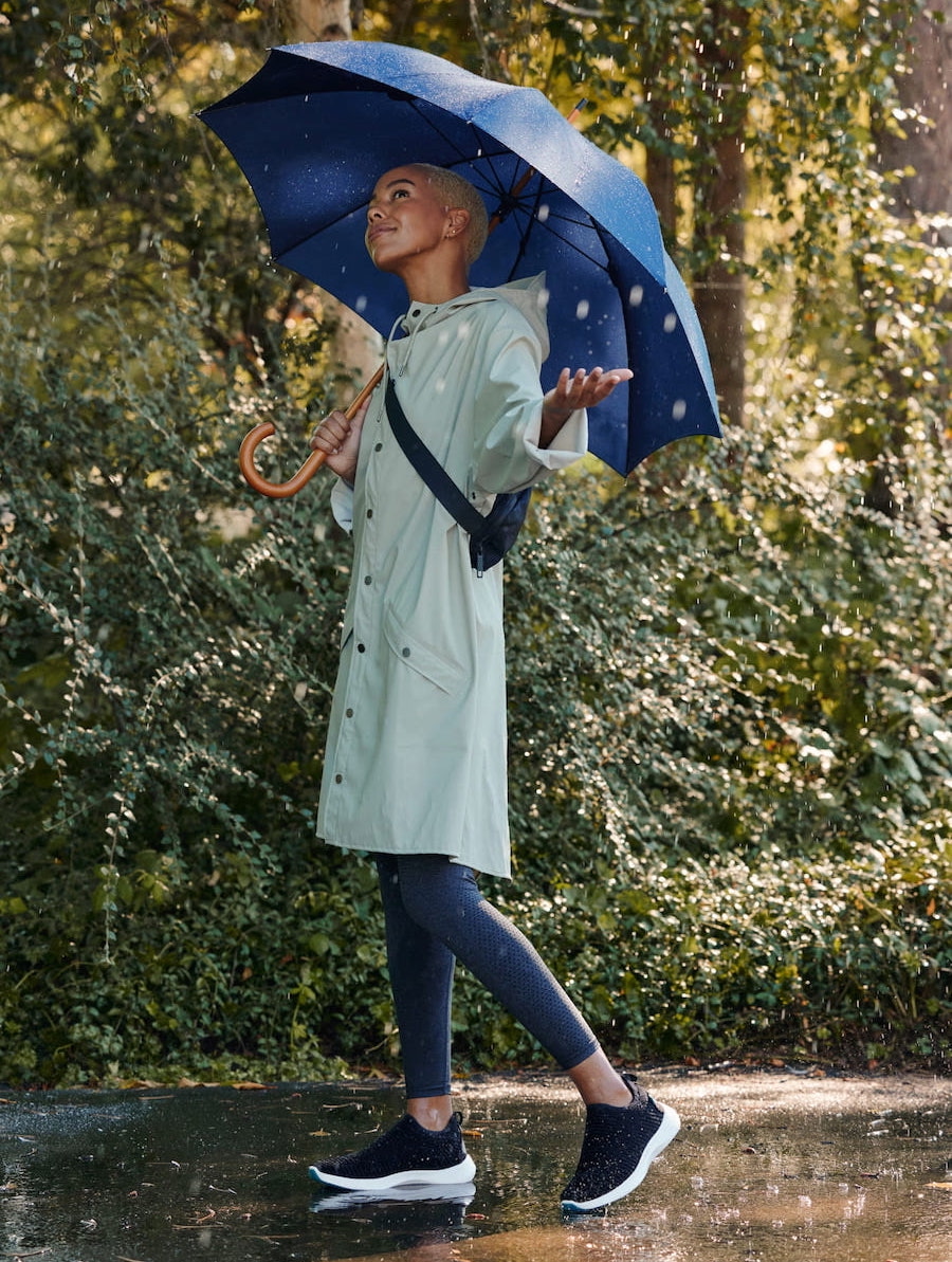women standing in the rain holding an umbrella and wearing waterproof sneakers